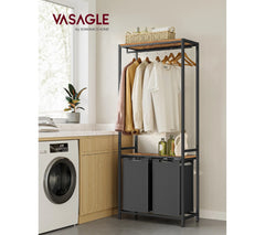 VASAGLE 2-Section Laundry Basket with Shelf & Clothes Rail - Rustic Brown & Black