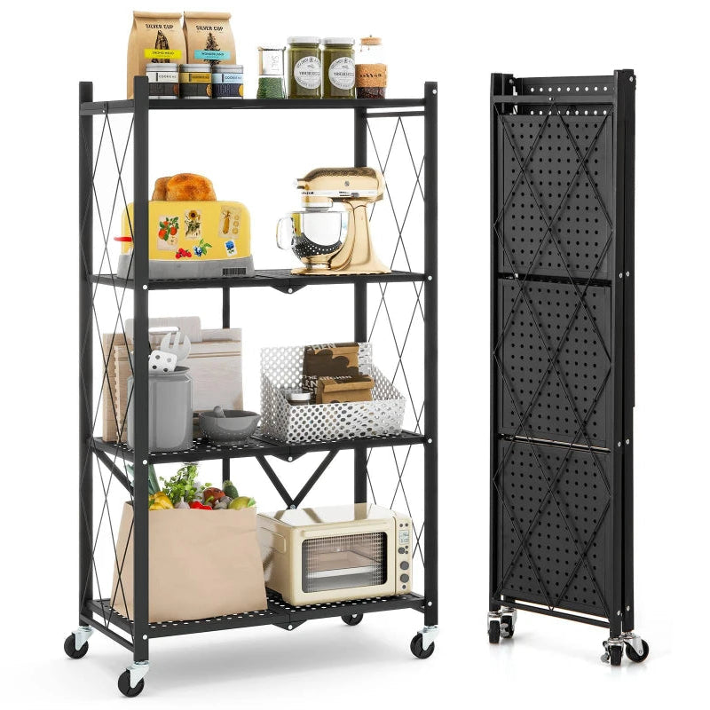 Foldable Shelving Unit 4-Tier Storage Shelf With Wheels