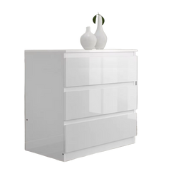 White dresser with three drawers on a white background
