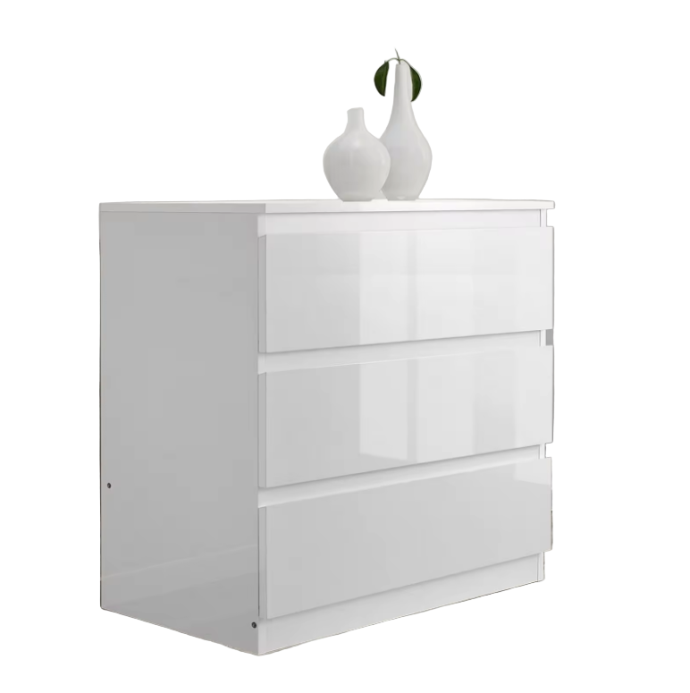 White dresser with three drawers on a white background
