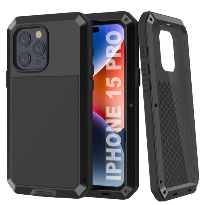Black phone case with textured back and visible brand name on a white background