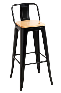 Black metal bar stool with a wooden seat on a white background