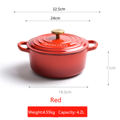 Red enameled cast iron cookware pot with dimensions and weight on a white background