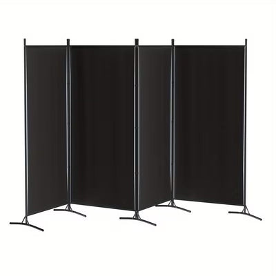 Black freestanding room divider with five panels on a white background