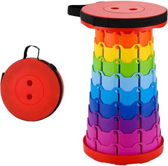 Colorful folding stool with rainbow pattern and carrying case on a white background