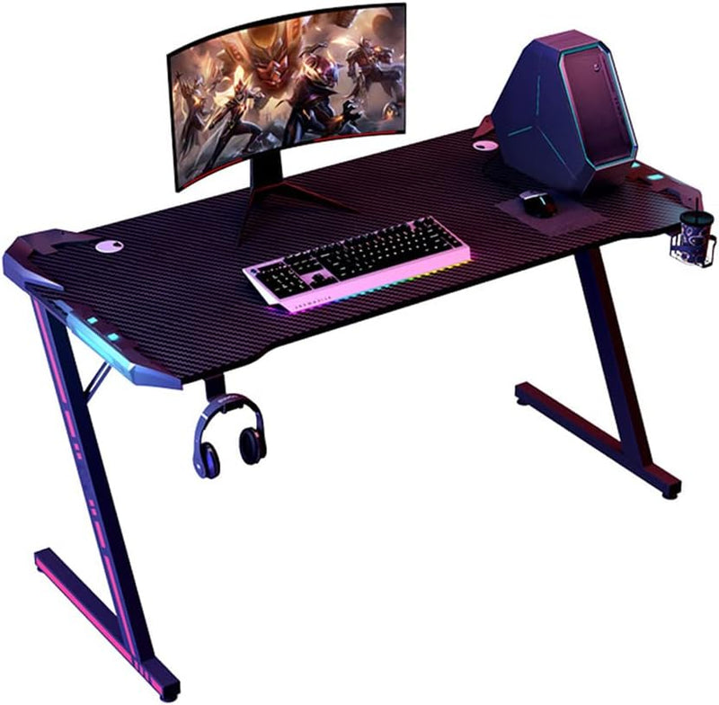 Gaming Desk with LED Lights Computer Desk Z Shaped Desk