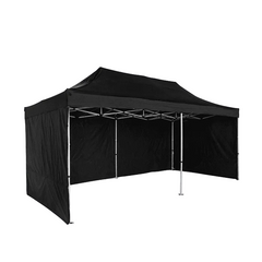 Black outdoor canopy tent with side walls on a white background