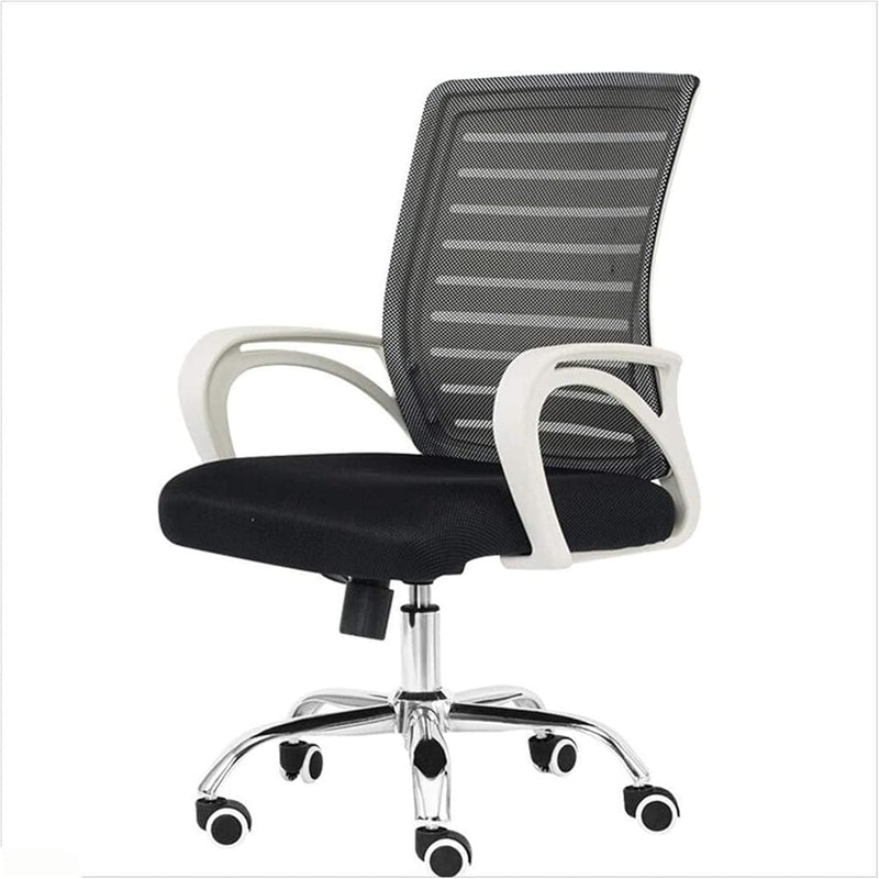 Black office chair with white frame and wheels on a white background
