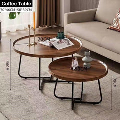 Two wooden coffee tables with dimensions displayed in a living room setting.