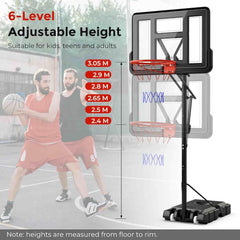 Portable Basketball Hoop System, Indoor Outdoor Basketball Goal w/Easy Height Adjustment from 2.4-3.05 m, 110 cm Shatterproof Backboard, Sturdy Base