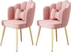 A pair of pink velvet living room chairs with upholstered backrest and seat, featuring gold metal legs.