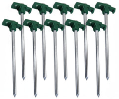 Set of green tent stakes with metal shafts on a white background