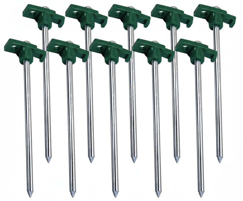 Set of green tent stakes with metal shafts on a white background