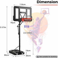Portable Basketball Hoop System, Indoor Outdoor Basketball Goal w/Easy Height Adjustment from 2.4-3.05 m, 110 cm Shatterproof Backboard, Sturdy Base