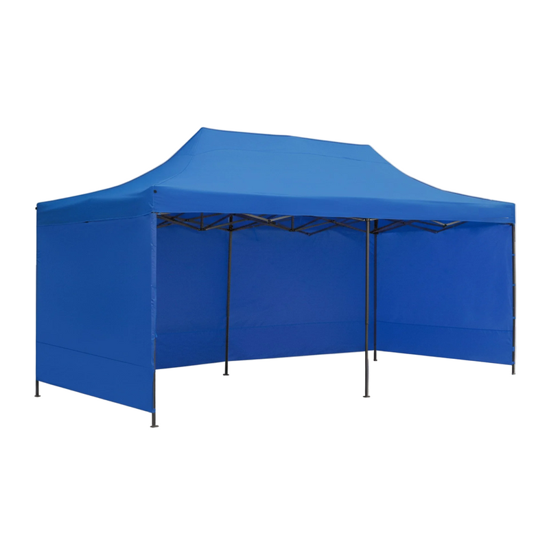 Blue pop-up canopy tent on a plain background