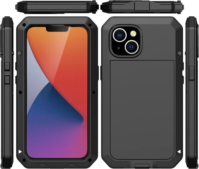 iPhone 14 Case with Tempered Glass Screen Protector, Shockproof Scratch Proof Hybrid Metal