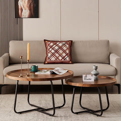 Living room with a beige sofa, wooden coffee table, and decorative items.