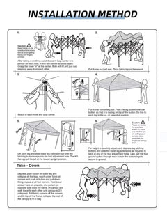 Step-by-step installation guide for a canopy with illustrations and text.