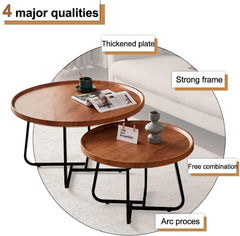 Wooden coffee table with four labeled qualities on a white background