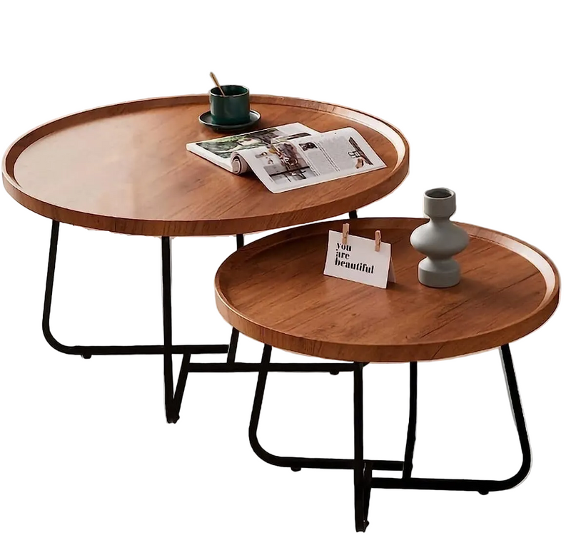 Wooden coffee table set with a magazine, mug, and small vase on a white background