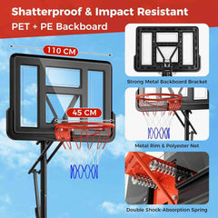 Portable Basketball Hoop System, Indoor Outdoor Basketball Goal w/Easy Height Adjustment from 2.4-3.05 m, 110 cm Shatterproof Backboard, Sturdy Base