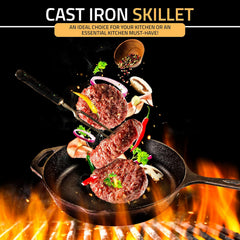 Cast iron skillet with cooking scene on a black background
