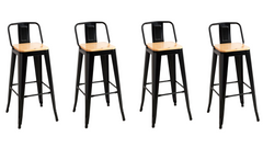 Four black bar stools with wooden seats on a white background