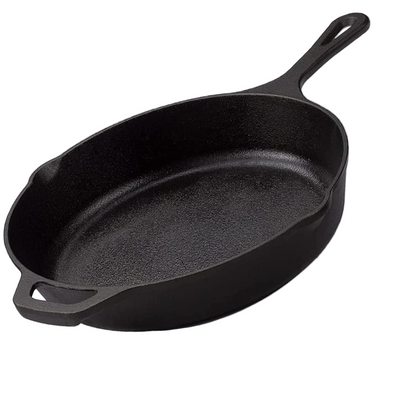 Black cast iron skillet on a white background