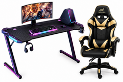 Ergonomic Gaming Chair & LED Z-Shaped Gaming Desk- Gaming Setup