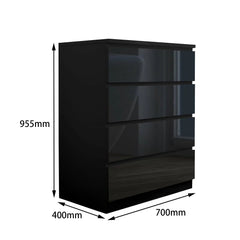 Black dresser with dimensions labeled on a white background