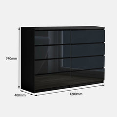 Black dresser with dimensions labeled on a white background