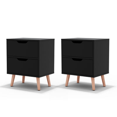 Two black nightstands with wooden legs on a white background