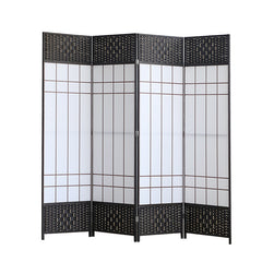 Black four-panel room divider with white panels on a white background