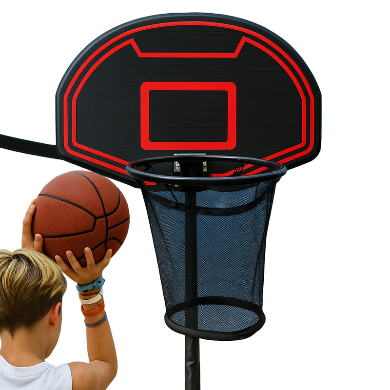 Child holding a basketball aiming to shoot at a basketball hoop with a clear blue sky background