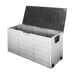 Large outdoor storage box with a black lid on a white background