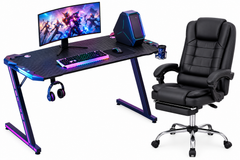 Gaming Desk with RGB Lights & Leather Execuative Back Massager office Chair With Footrest- Gaming Setup