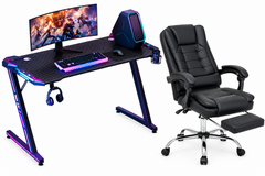 Gaming Desk with RGB Lights & Leather Execuative Back Massager office Chair With Footrest- Gaming Setup