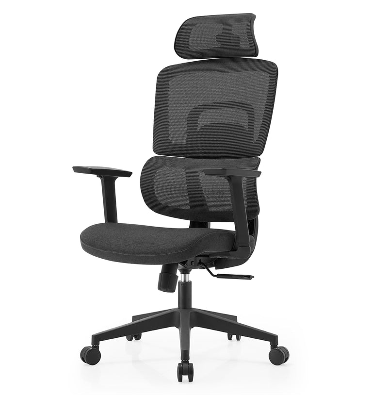 Black office chair with mesh back and headrest on a white background