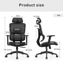 Black office chair with measurements on a white background