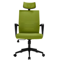 Green office chair with black base on a white background
