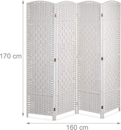 White woven room divider with dimensions on a white background