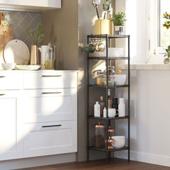 5-Tier Metal Bathroom and Kitchen Shelf with 5 PP Rustic Brown Shelf Liners