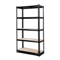 Black metal shelving unit with five shelves on a white background