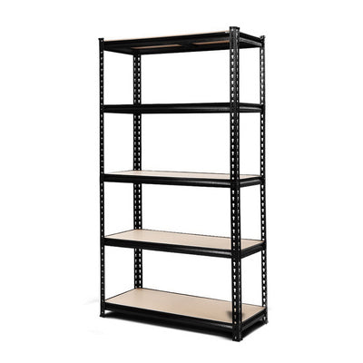 Black metal shelving unit with five shelves on a white background