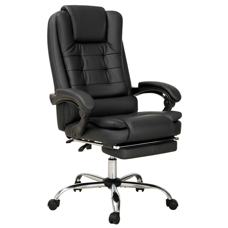 Black office chair with recliner feature on a beige background