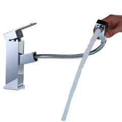 Chrome kitchen faucet with a flexible spray head on a white background